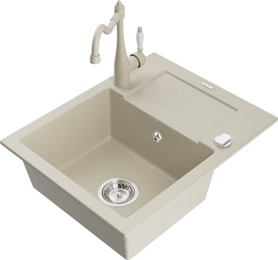 Mexen Enzo granieten spoelbak 1-komer met afdruiprek en keukenmengkraan Carla, beige - 6506-69-670700-69