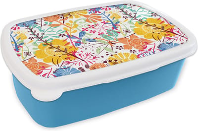 Broodtrommel Blauw - Lunchbox - Brooddoos - Bloemen - Planten - Regenboog - Patronen - 18x12x6 cm - Kinderen - Jongen