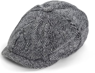 Winkrs - Winter flatcap met knoopje - zwart/wit visgraat pet - Newsboy cap