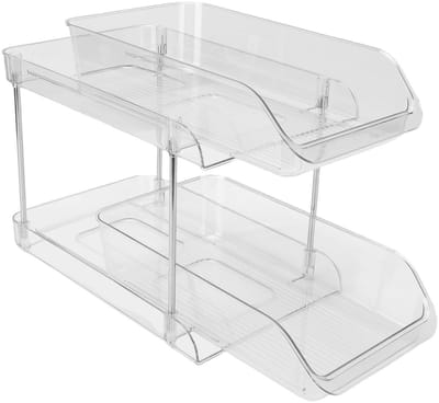 Uittrekbaar opbergrek voor onder de wastafel - Multifunctioneel, stapelbaar, transparant, ruimtebesparend opbergrek van PET-materiaal - Geschikt voor badkamers en keukens - Twee lagen