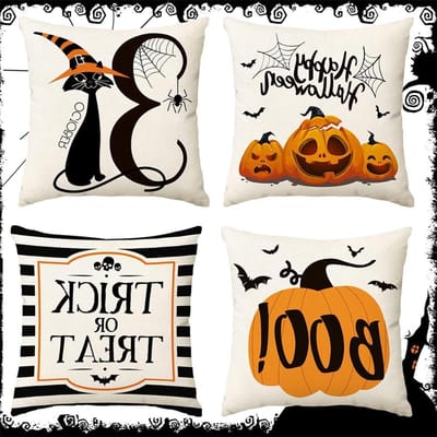 Set van 4 Halloween Kussenslopen, Decoratieve Kussens voor Feestdagen, Pompoen Motief, 45 x 45 cm, Katoen en Linnen