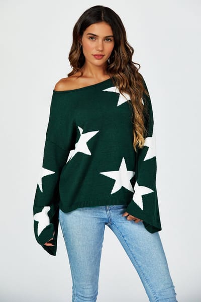 Oversized donkergroene trui met wijde mouwen en witte ster