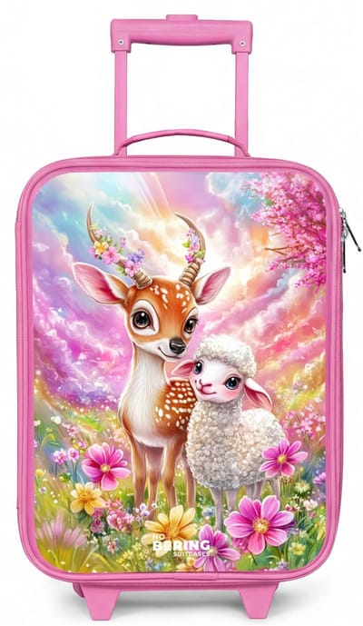 NoBoringSuitcases.com® - Kinderkoffer roze - Kindertrolley meisje - Hertje met een lammetje in pastelbloemenveld - Koffer kind lichtgewicht - Reiskoffer trolley voor kinderen - Koffertje met lichtgevende wieltjes - Rolkoffer