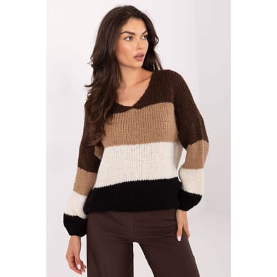Striped V-Neck Sweater - Donkerbruin / One Size