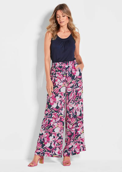 Gedessineerde broek VERA met bloemenmotief - roze / marine / gedess. - Gr. 42 van Goldner Fashion