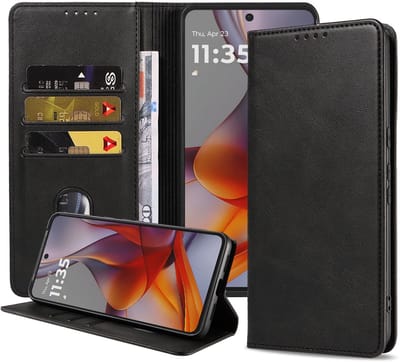 Geschikt voor Motorola Moto G75 Telefoonhoesje Kunstleer met Magnetische sluiting en Pasjeshouder Bookcase met Klepje - Walletcase with Cardslot - Zwart - Smartphonica geschikt voor Motorola Moto G75