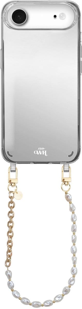 xoxo Wildhearts hoesje met spiegel geschikt voor iPhone 17 Air case - Over The Moon Mirror Case - Kort koord - Siliconen telefoonhoesje met spiegel - Schokbestendig - Parelketting met gouden schakels