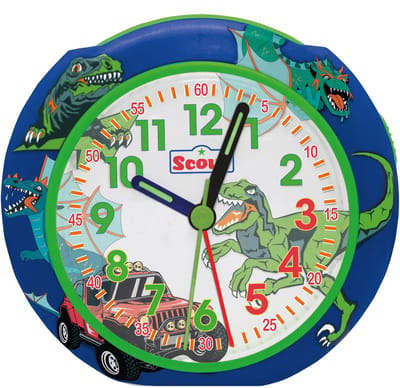 Scout Wecker analog mit blauem Gehäuse Serie "Pics blue Dino" mit Lernziffernblatt und Dino-Motiven