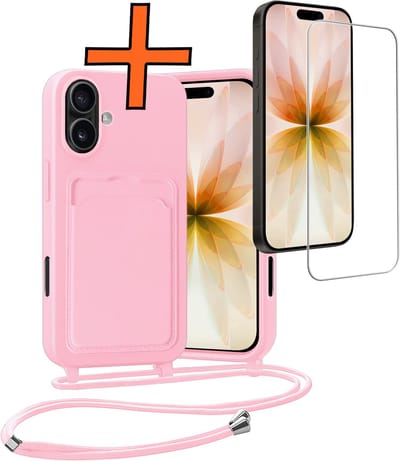 Hoesje Geschikt voor iPhone 17 Hoesje Met Telefoonketting Pasjeshouder Case Met Screenprotector Koord - Hoesje Geschikt voor iPhone 17 Hoes Met Kaarthouder - Lichtroze