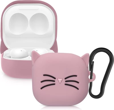 kwmobile Hoes geschikt voor Samsung Galaxy Buds 2 Pro / Buds 2 / Buds Live - Siliconen cover voor oordopjes in zwart / poederroze - Kat design