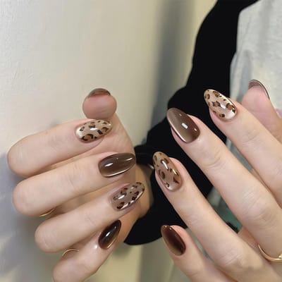 Dailygoods - Valse nagels, amandelbruin, kattenoog, luipaardpatroon, valse nagels om op te plakken, bruin, gemiddelde lengte, voor vrouwen en meisjes, 24 stuks