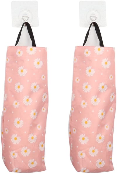 Keuken Kruidenier Plastic Prullenbak Houder Wasbare Muurbevestiging Vouwen Kleine Daisy Opbergtas voor Keuken Badkamer Woonkamer Kantoor Camper 2 STKS met 2 haken, Daisy Pink