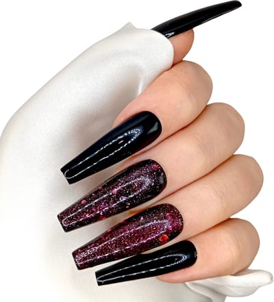 SD Press on Nails - B-79 - Plaknagels - Gelnagels - Handgemaakt - 20 stuks - Zwart Roze Glitter - Nepnagels - XL Nails - Valse Nagels - Extra Lange Nagels - Cosplay - Extreme Long Nails - XL Coffin Nails - Gellak - Nagelstudio - Nail Art