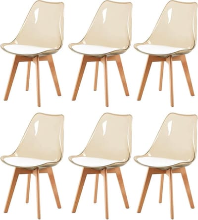 Eetkamerstoelen-Eetkamerstoelen set van 6-gestoffeerd-vintage stijl- met massief beukenhouten poten-Teal Pet+wit PU kussen.