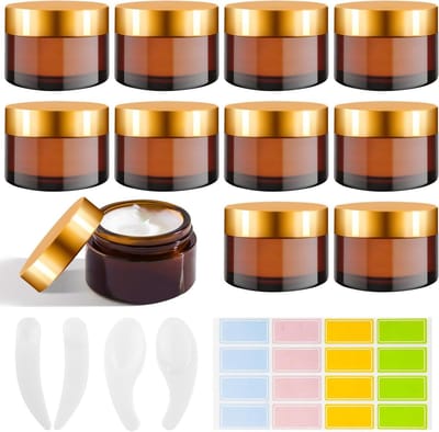 Allecto Plus - Amber crèmepotjes van 20 ml voor cosmetica crèmes en lotions - Glazen pot met spatels en etiketten - 10-delig