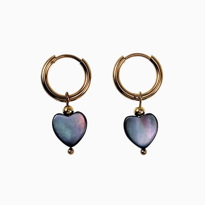 Oorbellen Dames - Zwarte Parelmoer Schelp - Oorhangers - Verguld RVS - Oorringen met Hart Hanger