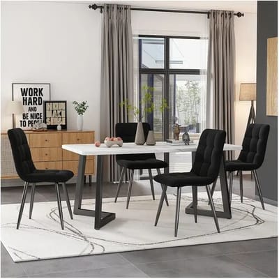 Merax Tafelset + 4 fluwelen stoelen - metalen poten - zwart en wit
