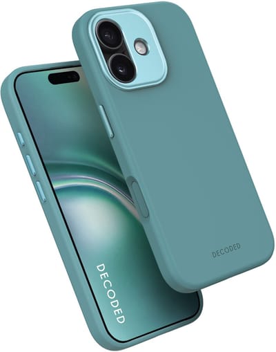 DECODED Siliconen Hoesje voor iPhone 17, Premium Soft-Touch, Antibacteriële Coating, MagSafe Compatibel, Valbescherming, Krasbestendig, Metalen Knoppen, Stevige Grip, Licht Blauw