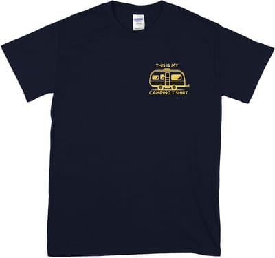 Dames en Heren T-shirt – Caravan Logo & Tekst "This Is My Camping Shirt" – 100% Katoen – Blauw – S