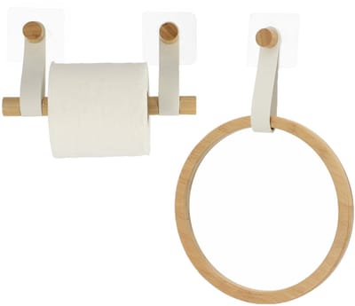 Tendance Badkamer set toiletrolhouder en handdoekhaak - zelfklevend - wit - bamboe/kunstleer - zonder boren