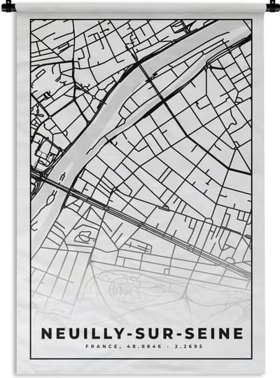 Wandkleed - Wanddoek - Kaart - Plattegrond - Frankrijk - Stadskaart - Neuilly-sur-Seine - Zwart wit - 120x180 cm - Wandtapijt