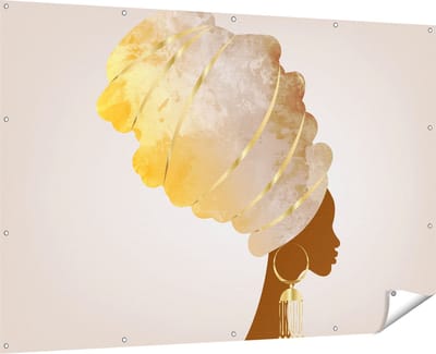 Gards Tuinposter Afrikaanse Vrouw met Gouden Tulband - 180x120 cm - Tuindoek - Tuindecoratie - Wanddecoratie buiten - Tuinschilderij