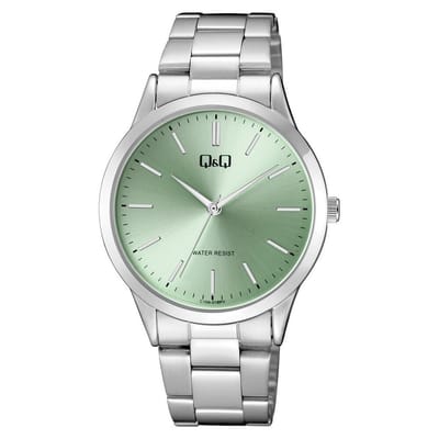 Q&Q C10A-018PY - Horloge - Analoog - Dames - Vrouwen - stalen band - Rond - Metaal - Cijfers - Zilverkleurig - Lichtgroen