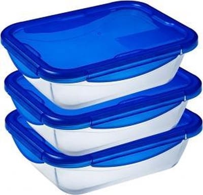 Pyrex - Cook & Go - Rechthoekige Schaal Met Deksel - Set van 3 Stuks - 0.8L - Glas - Blauw