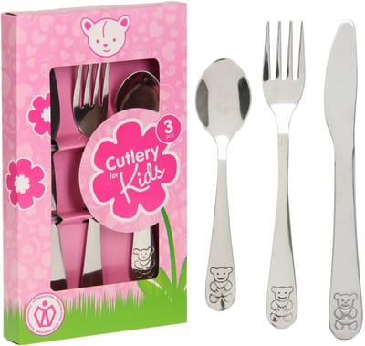 Excellent Houseware Kinder Bestekset Beer - 2x - roze doosje - kraamcadeau - 3-delig - zilver - RVS - bestek voor kinderen