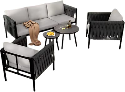 Tuinmeubelset - Loungeset - Tuinlounge Lounge Set - Lounge Set - Voor Tuin, Terras of Balkon - 3-zits Sofa, 2 Fauteuils & 2 Tafelbanken - Dik Touw & Gaasdesign met Gemarmerde Glasplaat - Gegalvaniseerd Staal