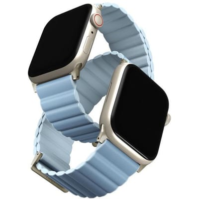 UNIQ bracelet Revix Premium Apple Watch Série 1/2/3/4/5/6/7/8/9/SE/SE2 38/40/41mm Édition Réversible Magnétique Cuir blanc-bleu/arctic-soft blue gray