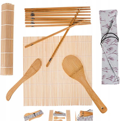 Merkloos - Sushi Set - Bamboematten en Houten Accessoires - 5 Paar Stokjes