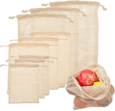 Dailygoods- Netzakken 12 Stuks - Herbruikbare Boodschappentassen - Katoenen Tassen - Voor Groenten/Fruit - Multisize Set - 20x25/20x30/28x35 cm - Boodschappentas