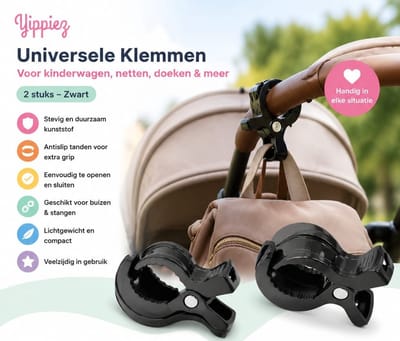 Yippiez Universele Klemmen – 2 Stuks – Zwart – Voor Kinderwagen clips, Muskietennet, Regenhoes, Zonnescherm en Meer