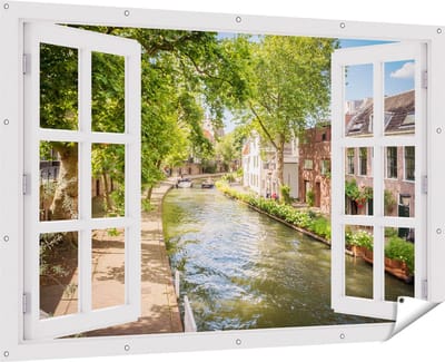 Gards Tuinposter Doorkijk Oudegracht in Utrecht - 180x120 cm - Tuindoek - Tuindecoratie - Wanddecoratie buiten - Tuinschilderij