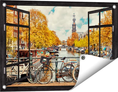 Gards Tuinposter Doorkijk Amsterdamse Brug bij een Brug met Fietsen - 60x40 cm - Tuindoek - Tuindecoratie - Wanddecoratie buiten - Tuinschilderij