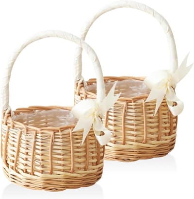 Bloemenmeisjesmandjes Set - Rieten mandjes - Bruiloft decoratie - Handgemaakt rotan - 22 x 13 x 13 cm - Bruin