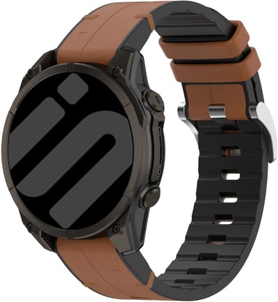 Strap-it Hybrid bandje van Leer & Siliconen geschikt voor Garmin Fenix 9 (Pro) 47mm - Fenix 8 (Pro-E-47mm) - Fenix 7 (Solar-Pro) - 6 (Solar-Pro) - Fenix 5 (Plus) / Forerunner 970 - 965 - 955 - 945 - 935 - 745 / Quatix 8 - 7 - 6 - 5 - Bruin