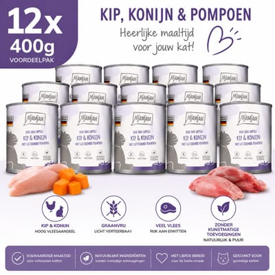MjAMjAM Kat Natvoer 12x400g Kip Konijn & Pompoen – Duo Blik Kattenvoer – Graanvrij – Veel Vlees – Zonder Suiker – Premium Kattenvoeding – Voordeelpak – Volwassen Kat
