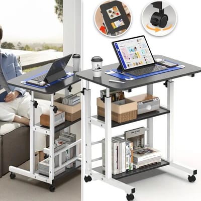 Bijzettafel Met Wielen - C-Vormige Bijzettafel - Industriële Bijzettafel Voor Naast De Bank - Laptoptafel Met Dubbele Open Schappen - Draagbare Computertafel