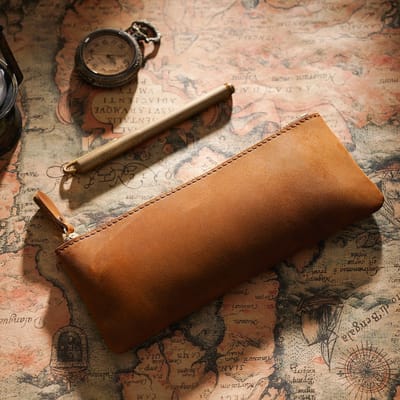 Leren Pennenzak – Ritssluiting Etui voor 10 - 15 Pennen, Compact & Lichtgewicht, Klassiek Design, Premium Kwaliteit - Bruin