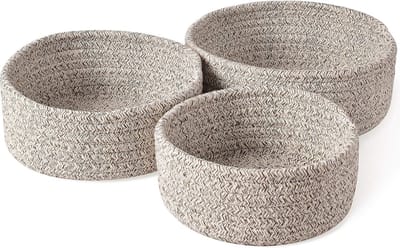 Bewaarmand - mandjes gevlochten, 3-delig, stapelbaar geweven, decoratieve opbergmand voor organisatie en opslag, stoffen plank, rond servies voor vruchten, sieraden, sleutels, naaisets