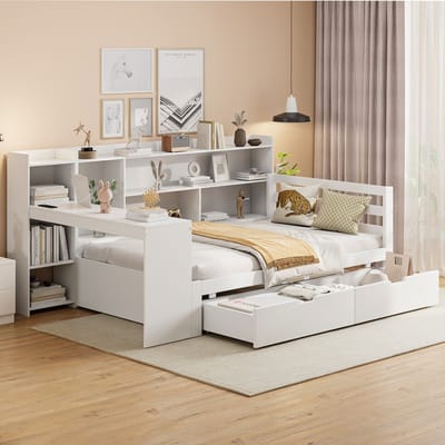 Sweiko Slaapbank - 90 x 200 cm - met Bureau - Boekenrek - Oplaadfunctie - 2 lades - Wit