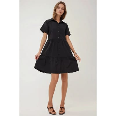 Mini A-vorm Shirtkraag Jurk met Knopen