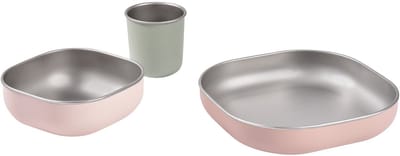 Béaba RVS Maaltijdset – Bord, Kom & Bekertje – Inox met Antislip Siliconen Hoes – Magnetronbestendig – Vanaf 4 Maanden