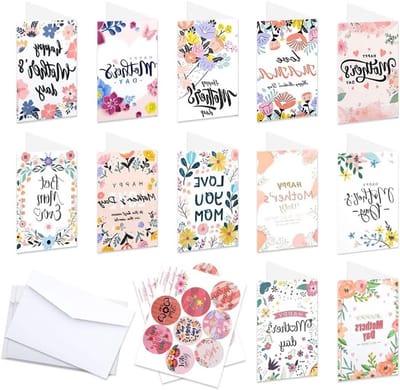 12 Stuks Moederdag Wenskaarten met Enveloppen en Stickers, Diverse Bloemenontwerpen voor Moeder, Familie en Vrienden, 4 x 6 Inch