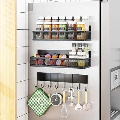 Famanu - Magnetisch kruidenrek set van 3 – zwart – met haken – verstelbaar voor koelkast en keuken