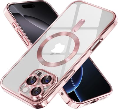 Hoesje Geschikt voor iPhone 16 Pro Magsafe hoes - Lens beschermer – backcover – Transparant/Rosegoud