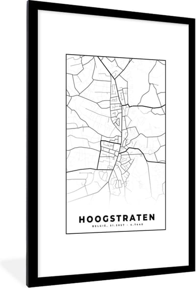 Fotolijst incl. Poster Zwart Wit- België – Hoogstraten – Stadskaart – Kaart – Zwart Wit – Plattegrond - 80x120 cm - Posterlijst