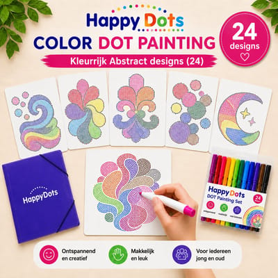 HappyDots Color DOT Painting set Kleurrijk Abstract A4 - 24 designs + stiften set + opbergmap